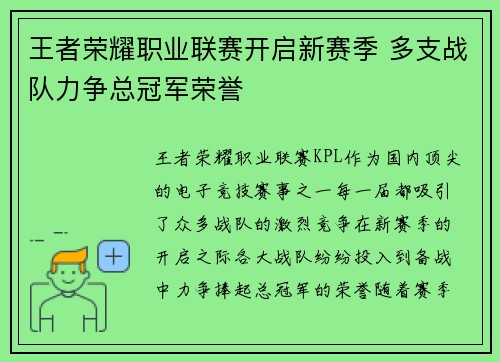 王者荣耀职业联赛开启新赛季 多支战队力争总冠军荣誉